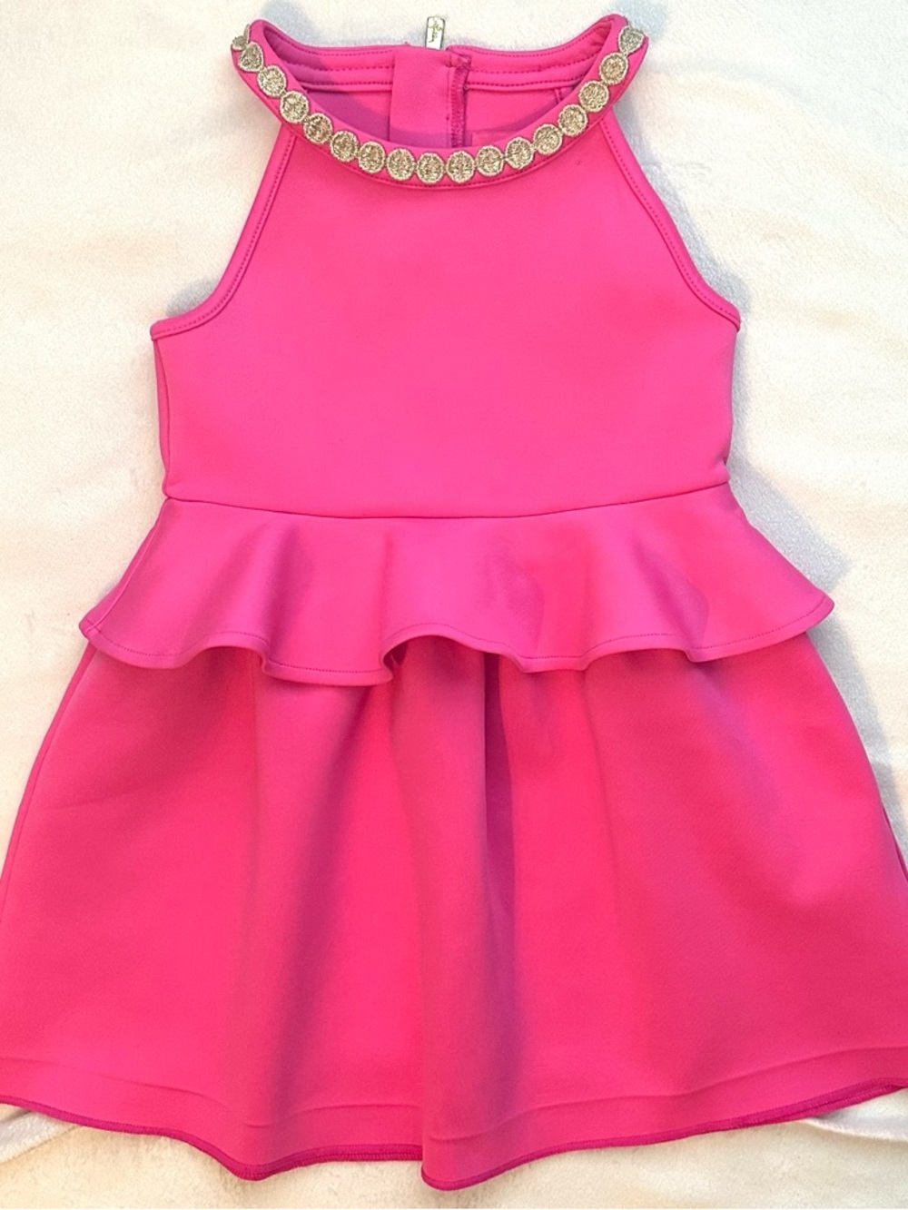 Lilly Pulitzer Caesara Hot Pink Gold Trim Girls Peplum Halter Dress XS 2-3